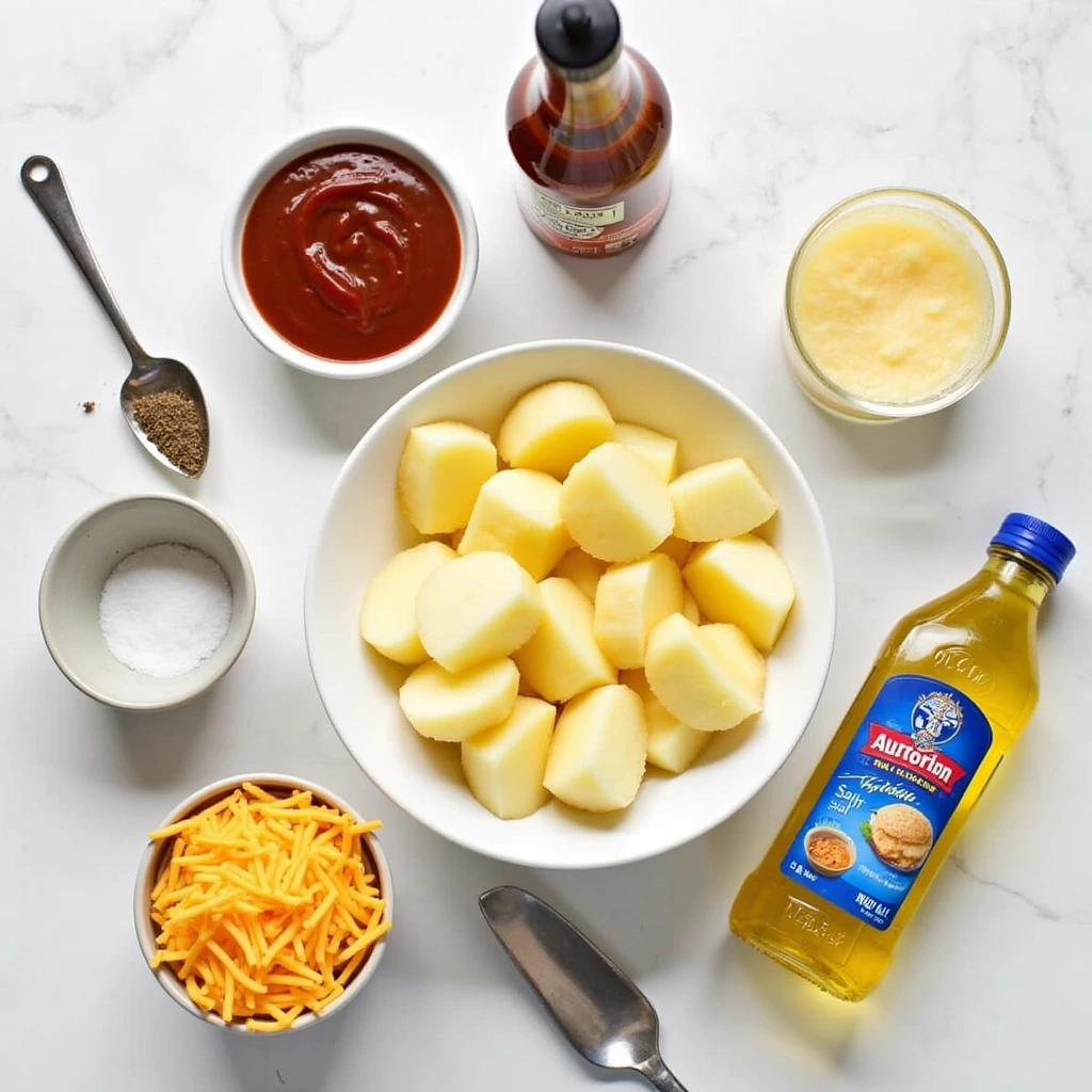 Overhead view of all ingredients required to prepare BBQ fries