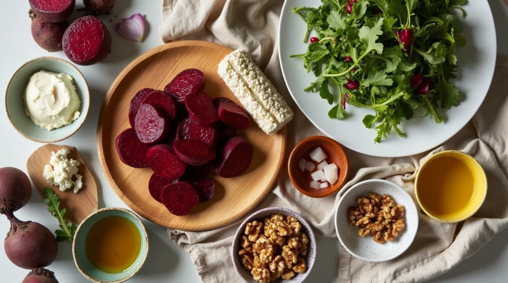 All ingredients for Balthazar Beet Salad, including both raw and prepped elements