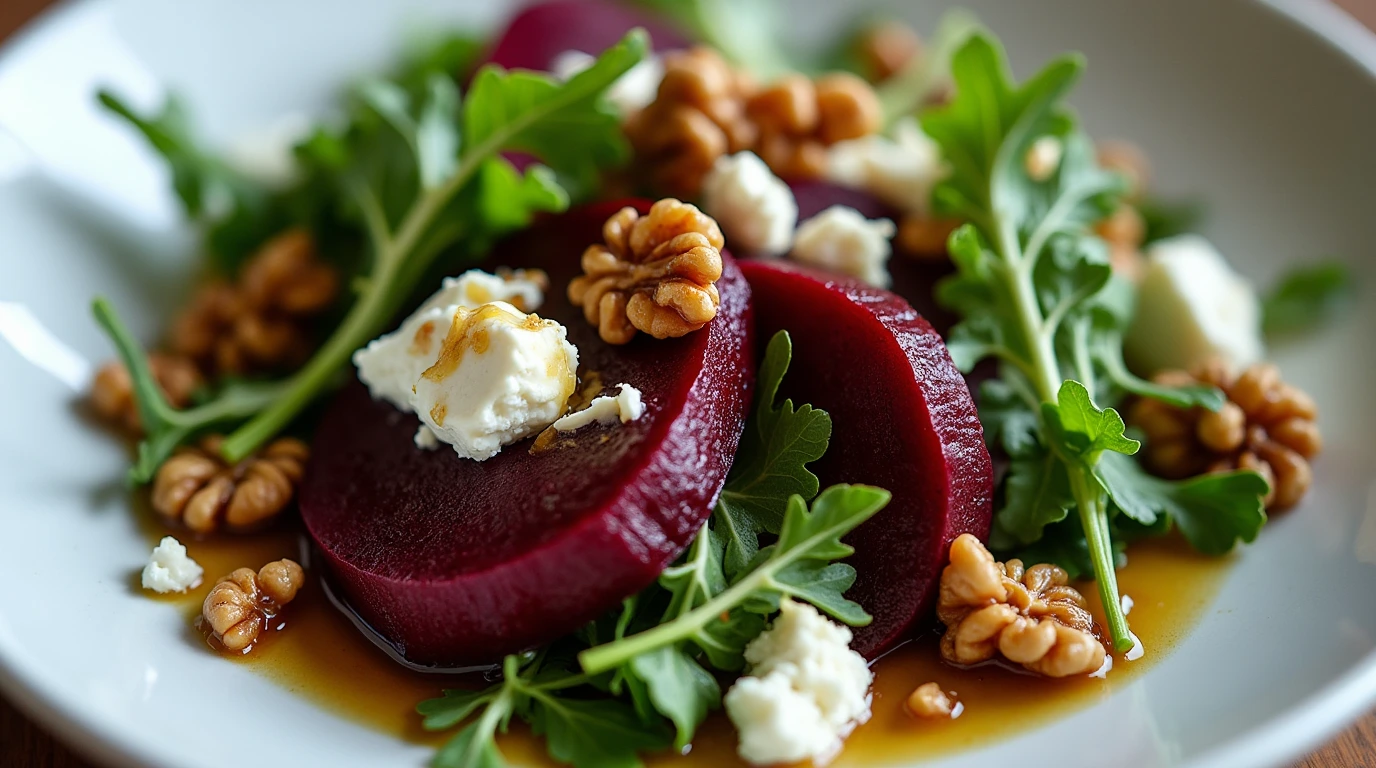 A beautifully plated Balthazar beet salad with vibrant colors and textures