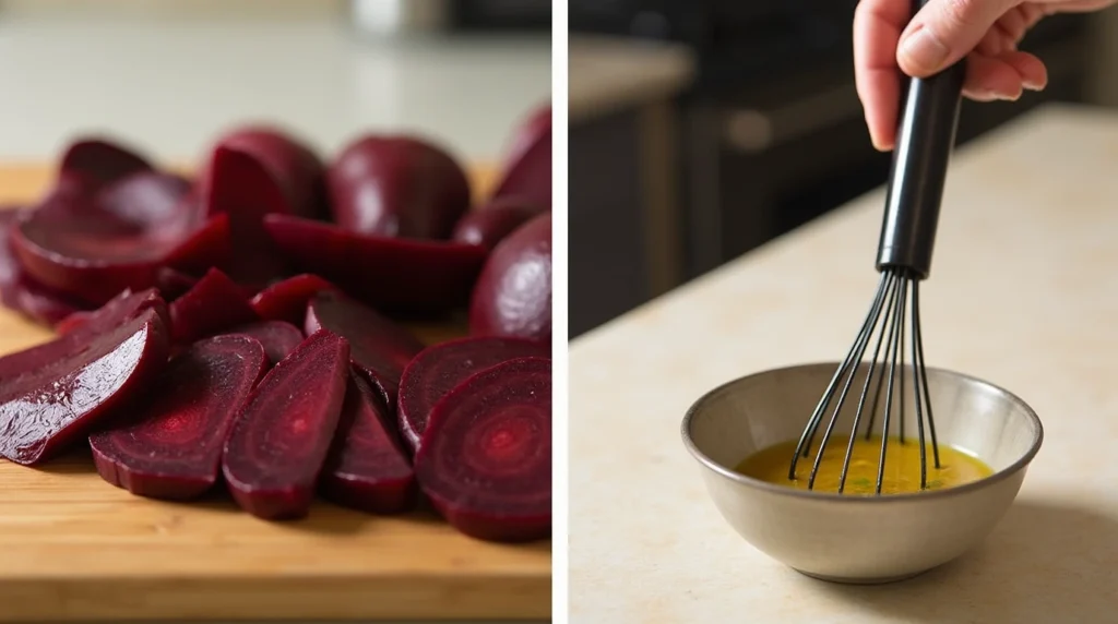 Roasting beets and whisking vinaigrette, key steps in preparing Balthazar beet salad