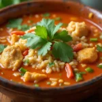 Bowl of Chopt Spicy Chicken Soup with Rice, garnished with cilantro and lime