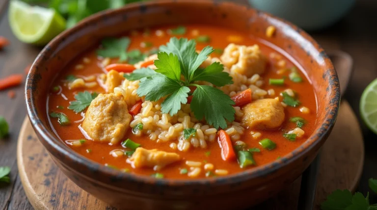 Bowl of Chopt Spicy Chicken Soup with Rice, garnished with cilantro and lime