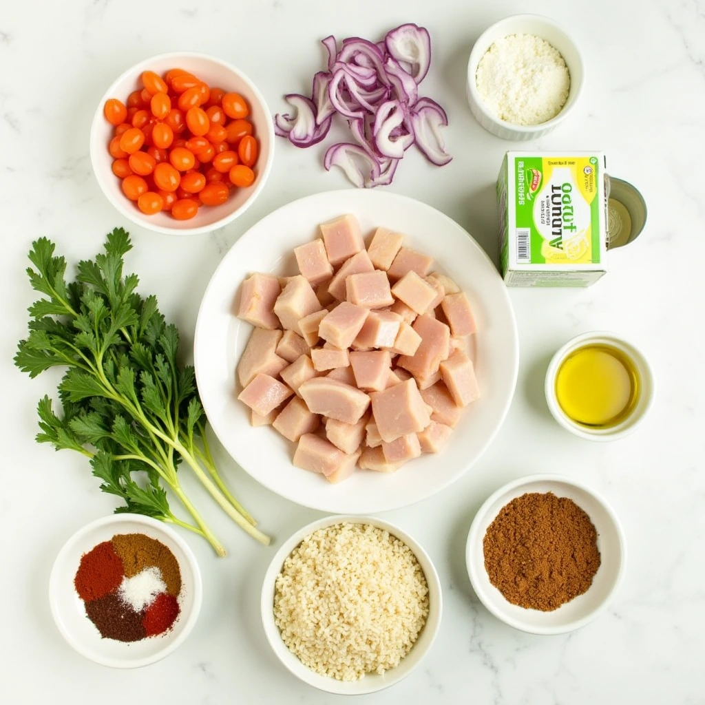 Ingredients laid out for Chopt Spicy Chicken Soup with Rice