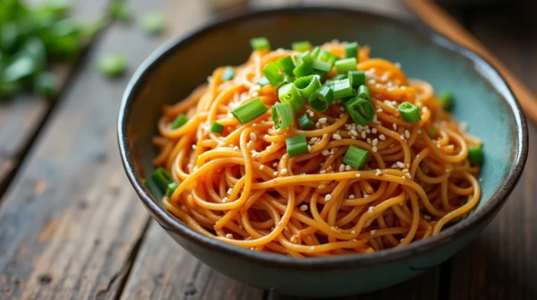 Bowl of noodles with homemade almond-ginger-garlic sauce