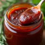 Homemade low salt BBQ sauce in a glass jar with fresh herbs