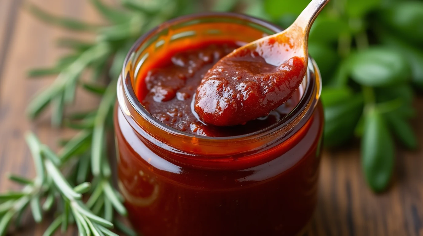 Homemade low salt BBQ sauce in a glass jar with fresh herbs