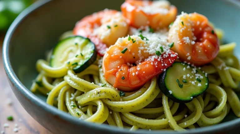 Bowl of Pesto Langostino Pasta with Zucchini