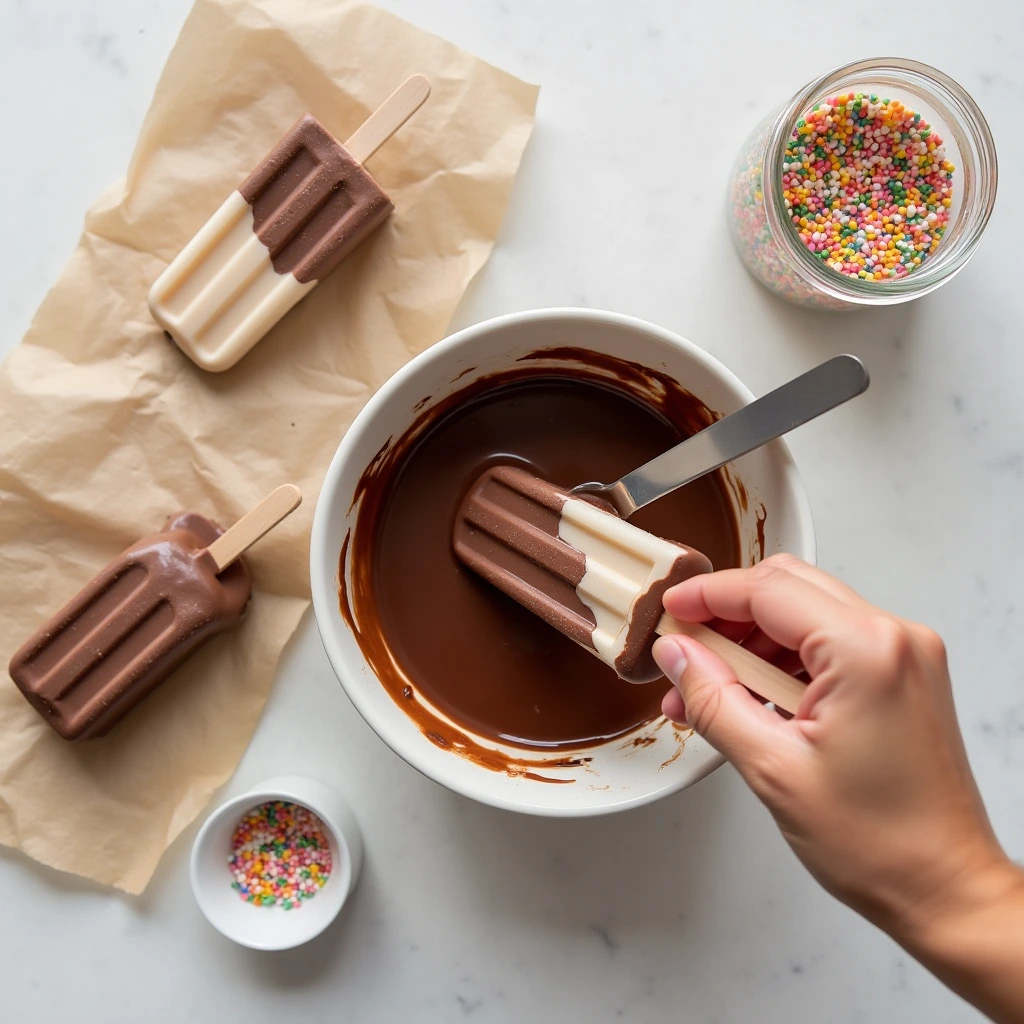 A frozen popsicle being dipped into melted chocolate, preparation process