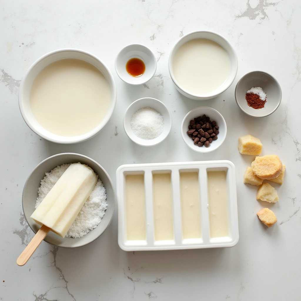 Flat-lay image of all the ingredients and tools to make homemade eskimo pie popsicles