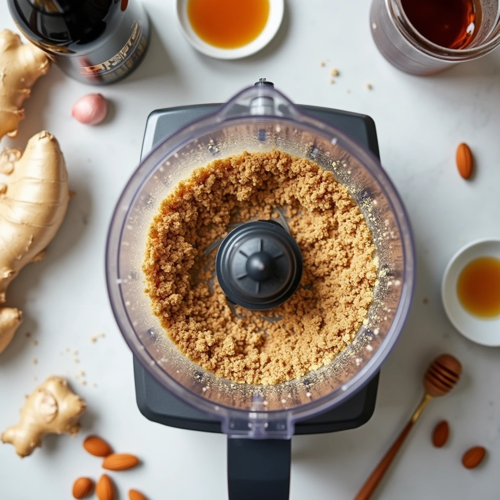 Food processor preparing almond meal with ingredients for Asian sauce