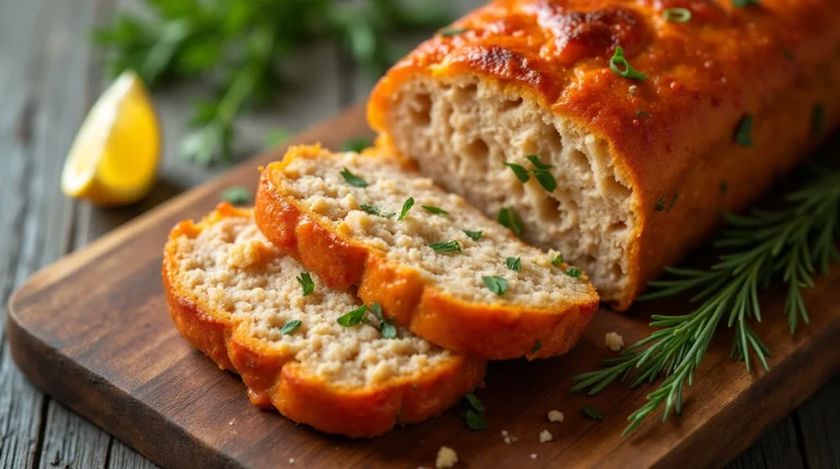 Delicious tuna and salmon loaf, freshly baked, sliced on a wooden board