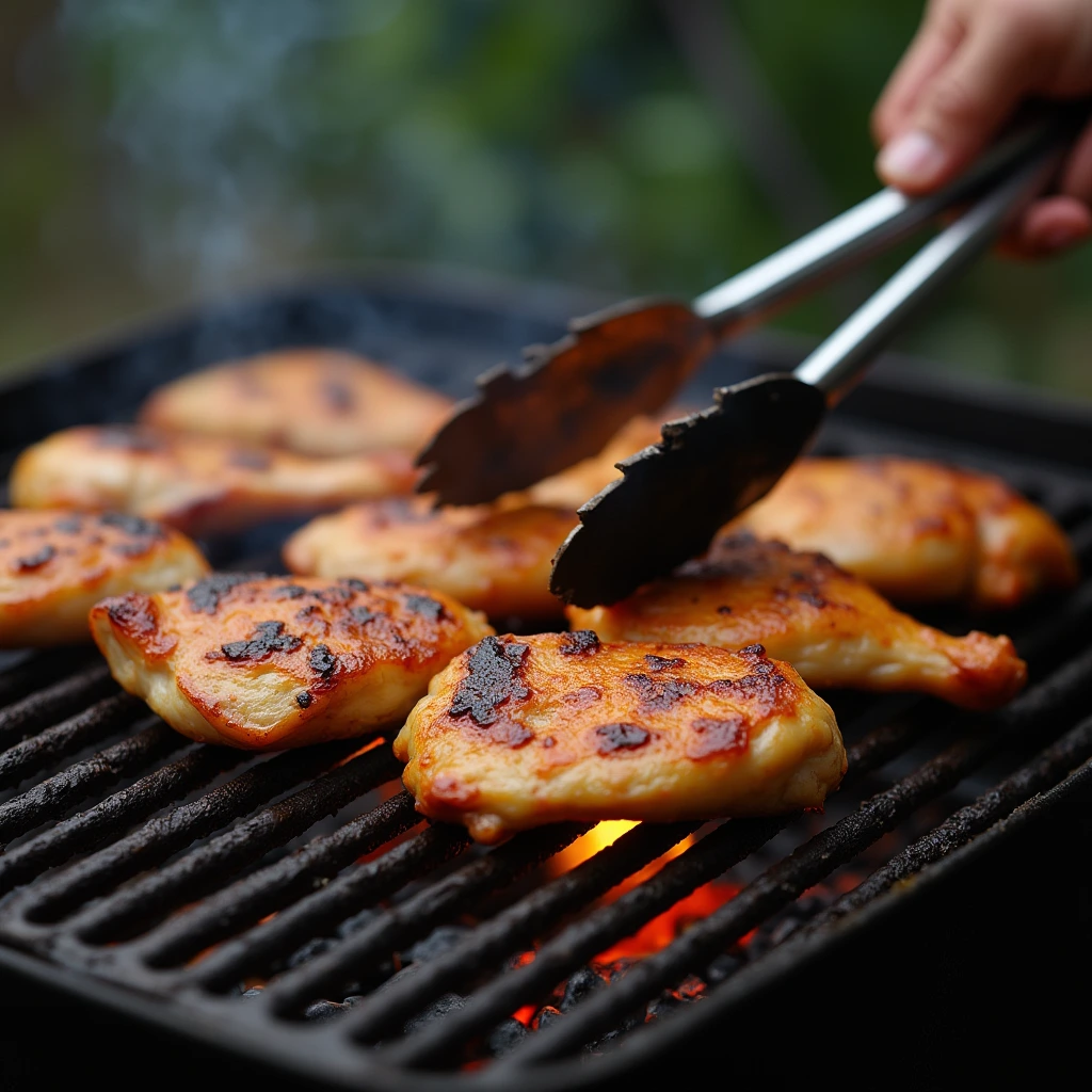 Chicken being grilled over a charcoal grill for Delmarva BBQ