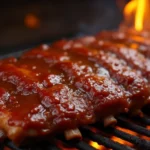 Ribs sizzling on a grill, coated in Head Country BBQ Sauce