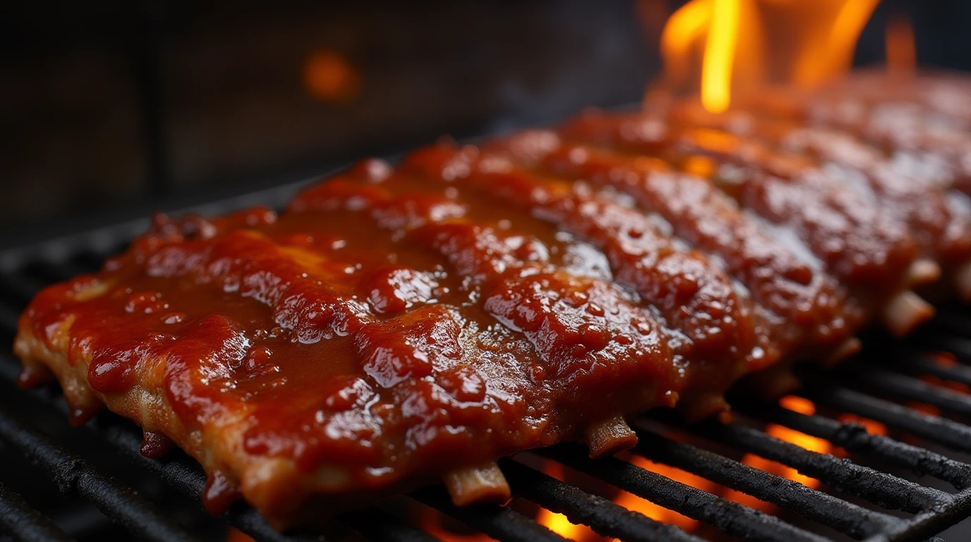 Ribs sizzling on a grill, coated in Head Country BBQ Sauce