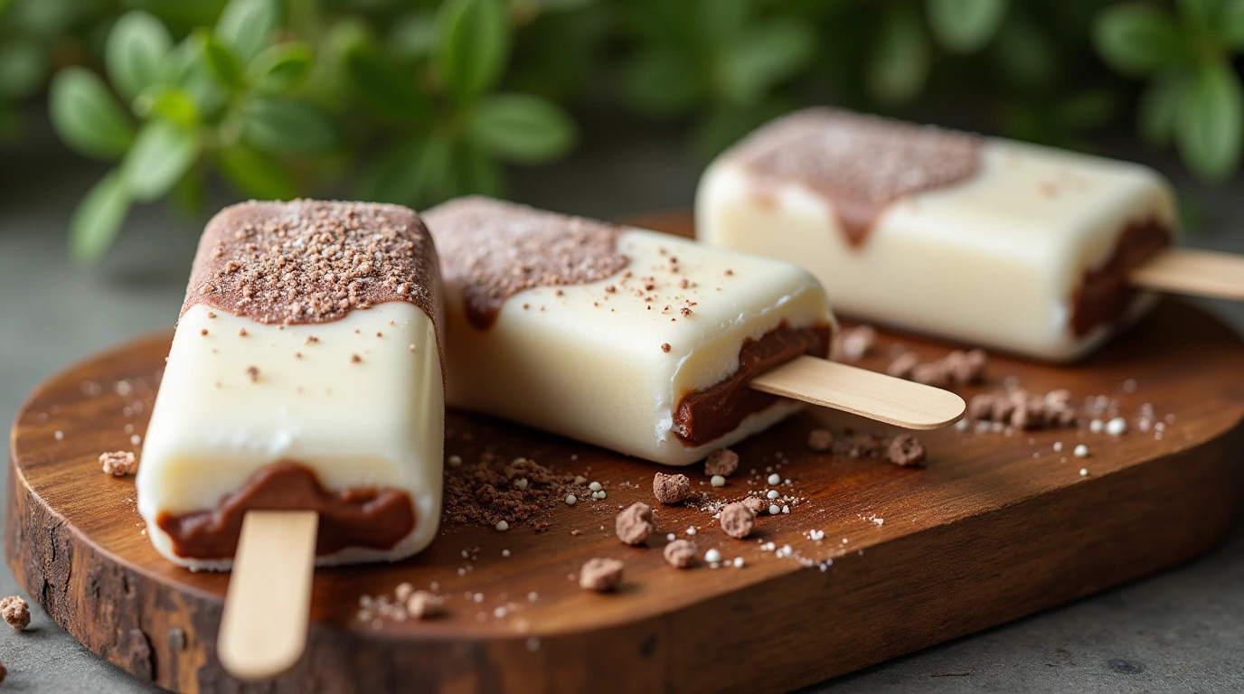 Three homemade Eskimo pie popsicles on a wooden board with melting chocolate