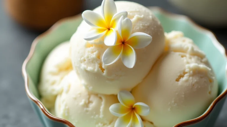 A scoop of homemade sampaguita ice cream garnished with fresh flowers