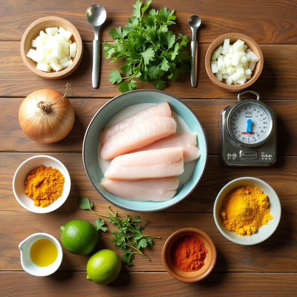 Ingredients for Poesiden Coconut Fish Curry, neatly laid out on a wooden surface