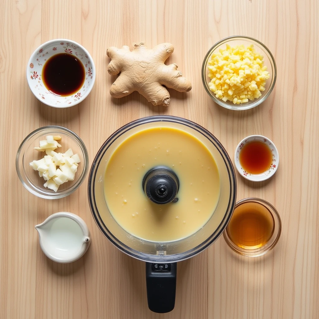 Ingredients for almond ginger garlic sauce with food processor