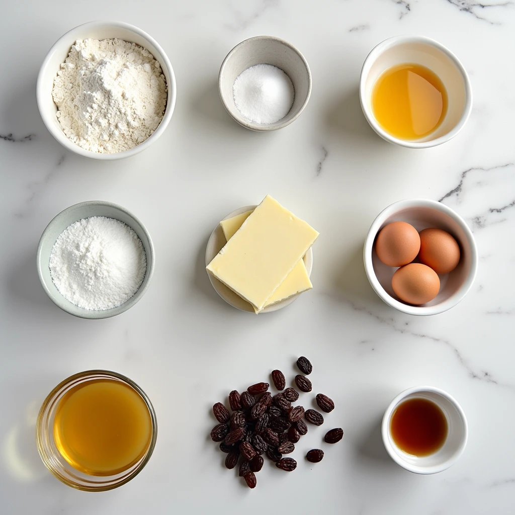 Flat lay image of all the ingredients needed for a gaps raisin muffins recipe