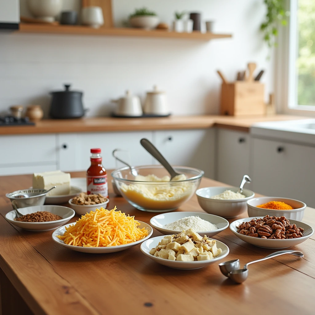 All ingredients for a Ballard cheese ball recipe laid out on a kitchen counter