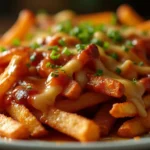 Mouthwatering plate of loaded BBQ fries with melted cheese and smoky sauce