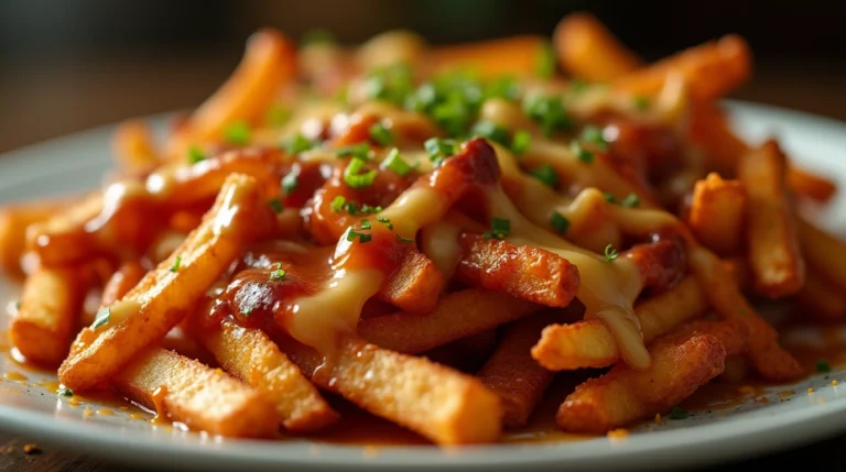 Mouthwatering plate of loaded BBQ fries with melted cheese and smoky sauce