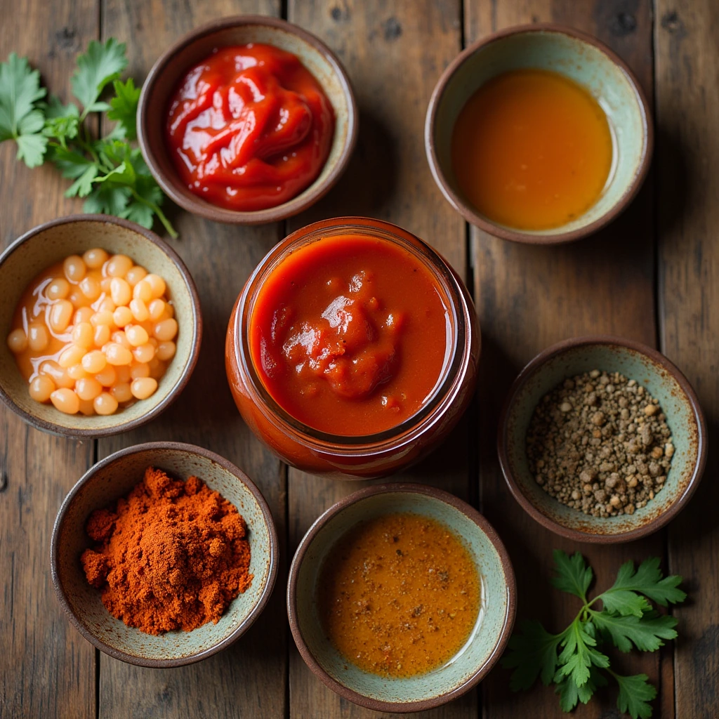 Overhead view of low salt BBQ sauce ingredients and the finished product