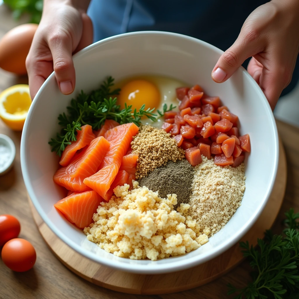 Hands mixing tuna and salmon loaf ingredients in a bowl