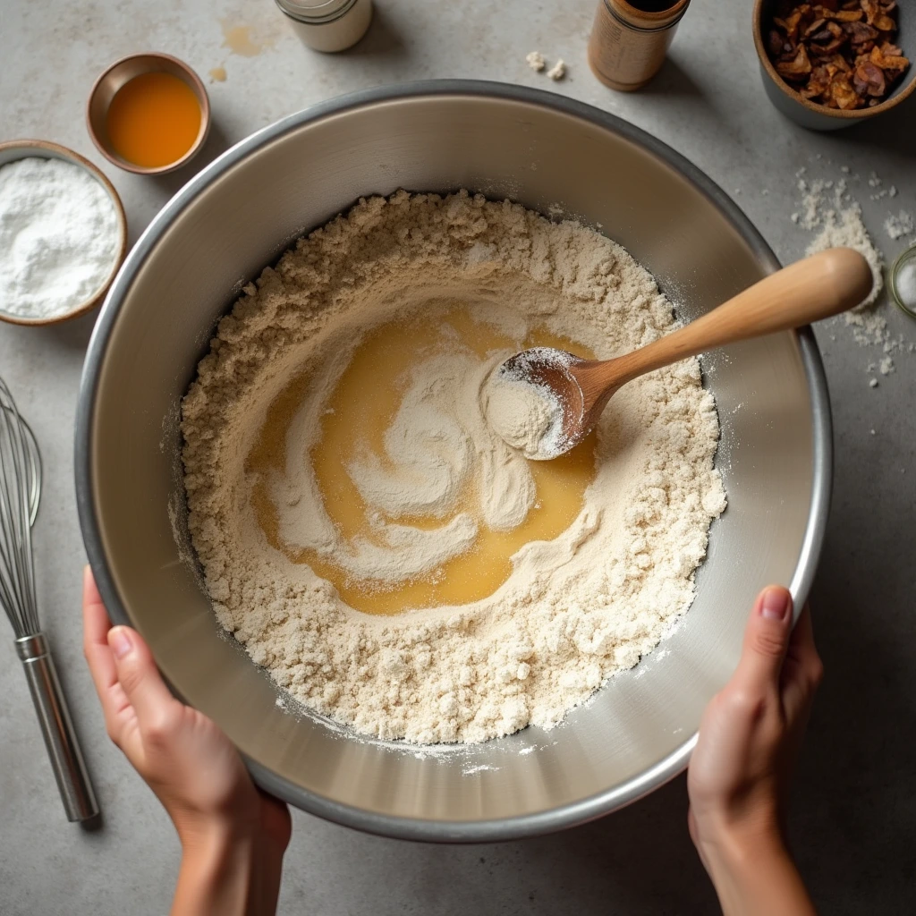 Hands mixing wet and dry ingredients for gaps raisin muffins in a large bowl