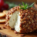 Delicious Ballard cheese ball coated in pecans, garnished with rosemary