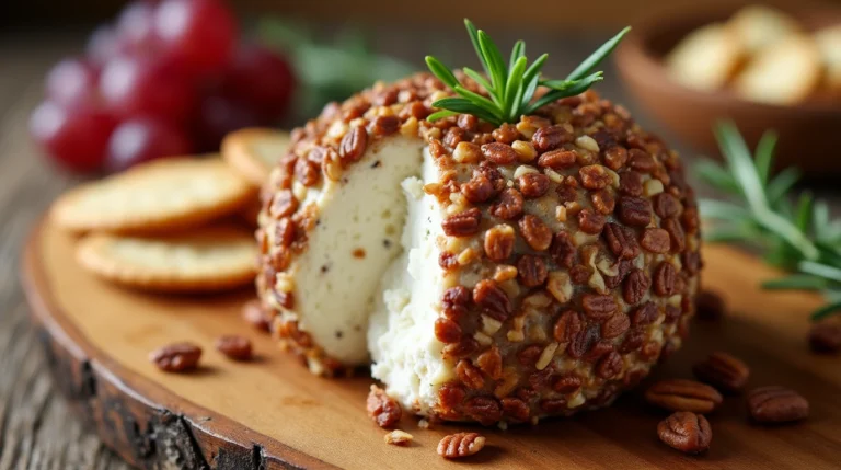 Delicious Ballard cheese ball coated in pecans, garnished with rosemary