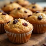 Golden brown gaps raisin muffins with plump raisins on a rustic wooden board