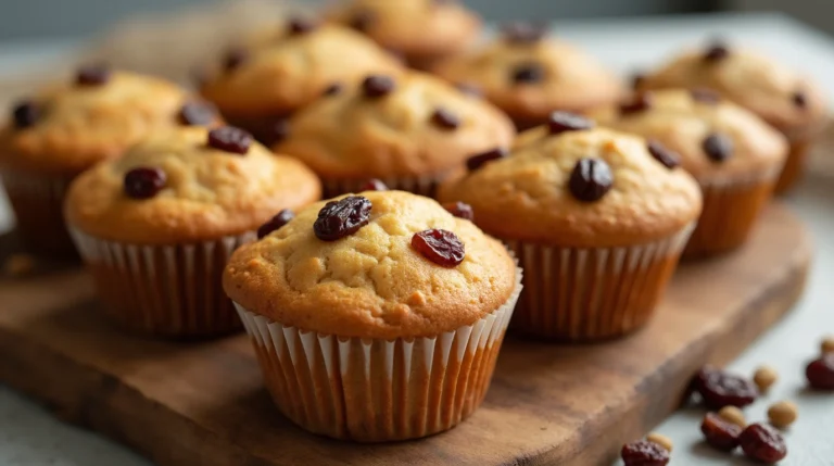 Golden brown gaps raisin muffins with plump raisins on a rustic wooden board