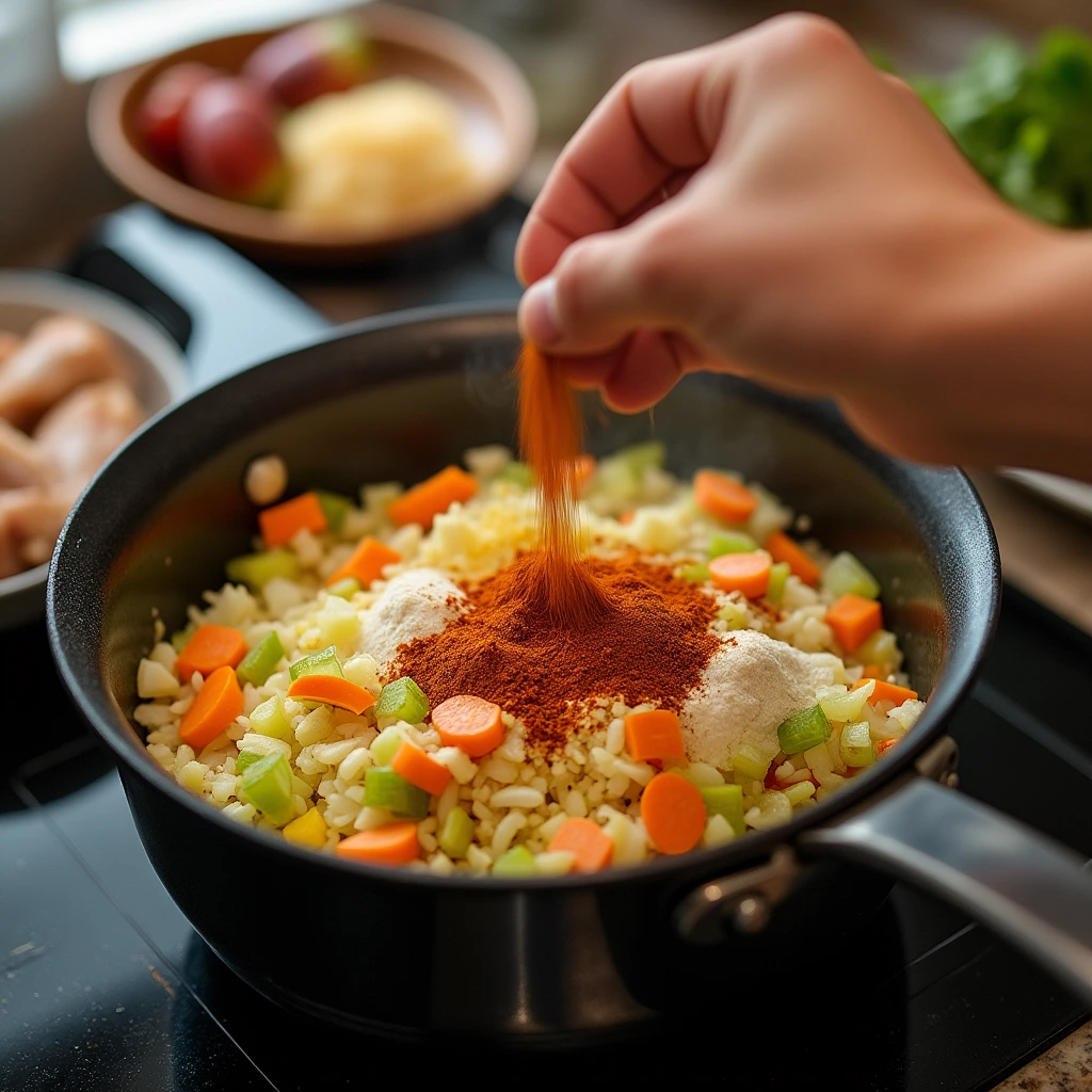 Hands adding spices to vegetables for Chopt Spicy Chicken Soup