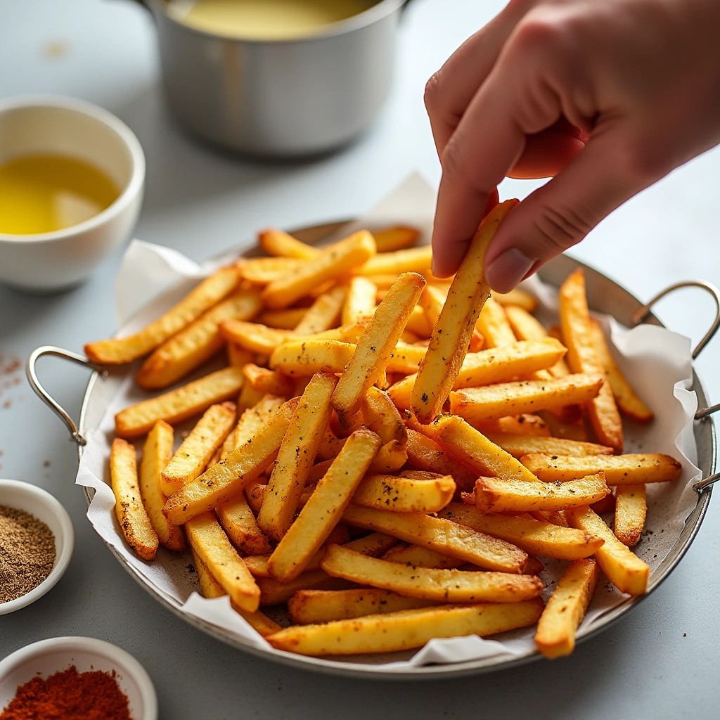 Golden-brown fries being removed from oil with seasoning and hot oil visible