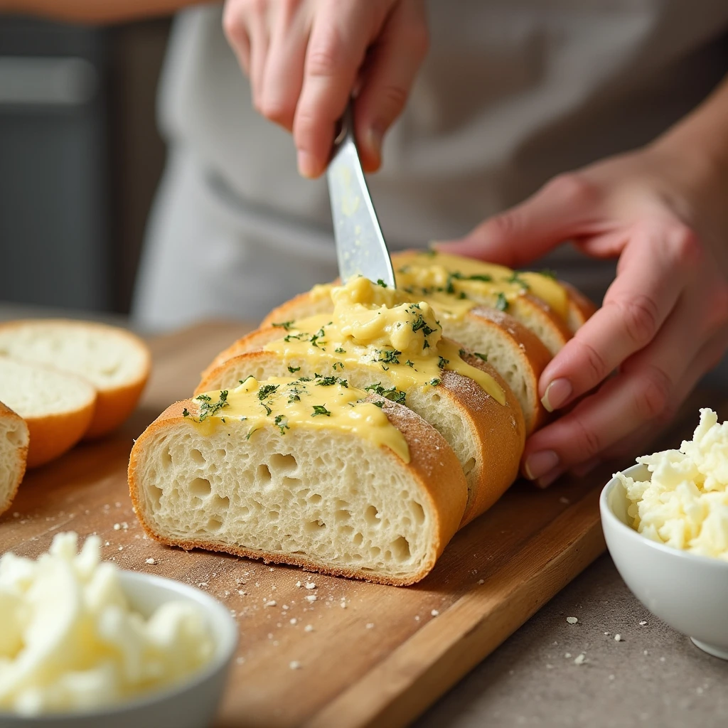 Hands spreading garlic butter onto bread for Cunetto's garlic cheese bread