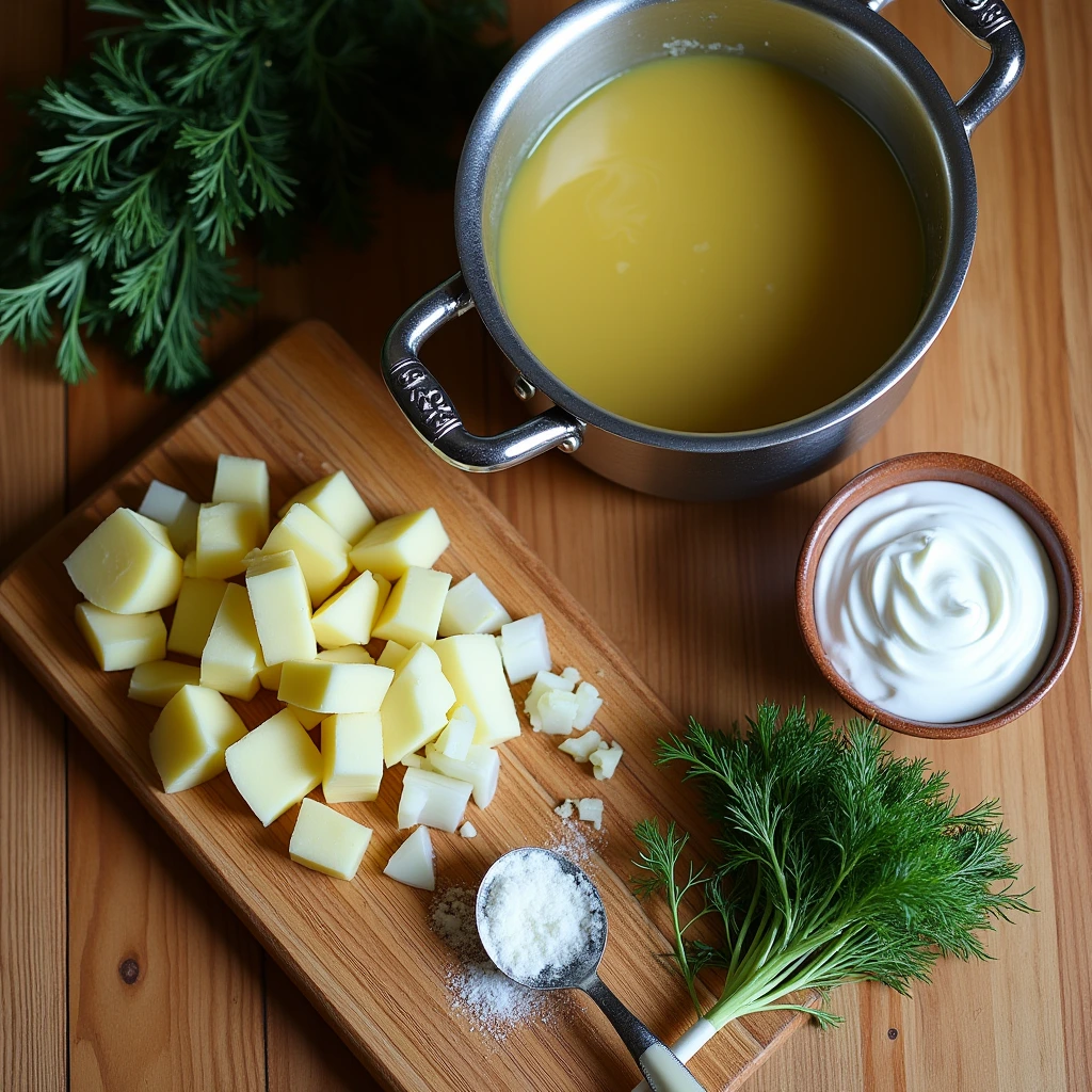 Ingredients and steps for making Czech sour cream and dill soup