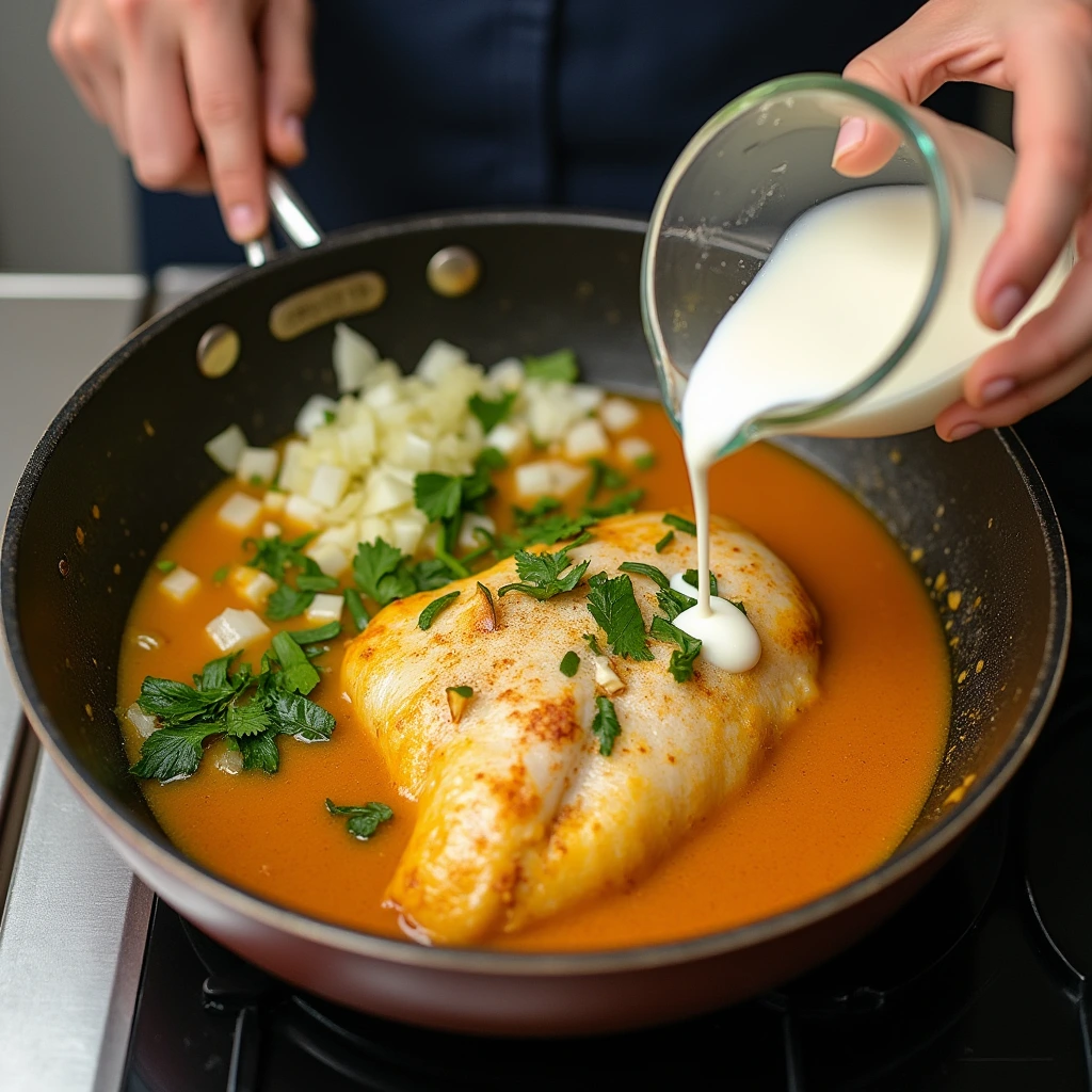 Hands preparing Poesiden Coconut Fish Curry, showing ingredients being added to the pan. poesiden food recipes