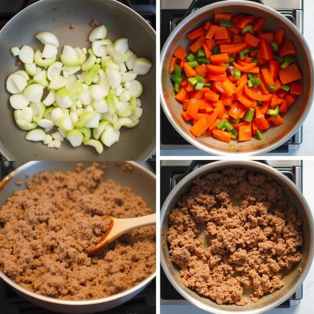 Collage showing key steps in making Taco Soup Frios, including sautéing vegetables, cooking beef, and mixing ingredients