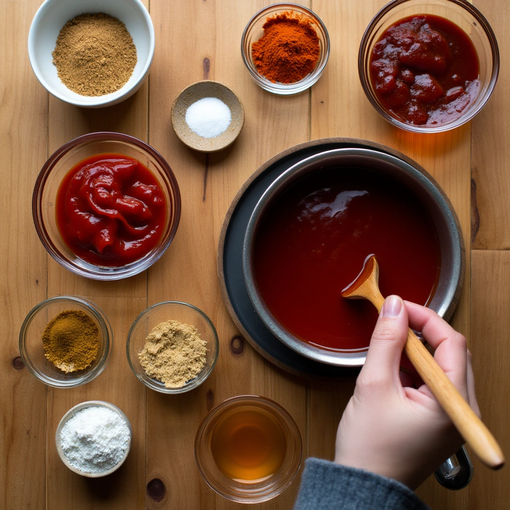 Ingredients being prepared for a homemade BBQ sauce recipe