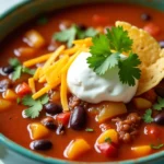 Bowl of Chilled Taco Soup Frios garnished with cilantro, sour cream, cheese, and tortilla chips