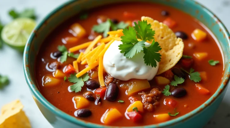 Bowl of Chilled Taco Soup Frios garnished with cilantro, sour cream, cheese, and tortilla chips