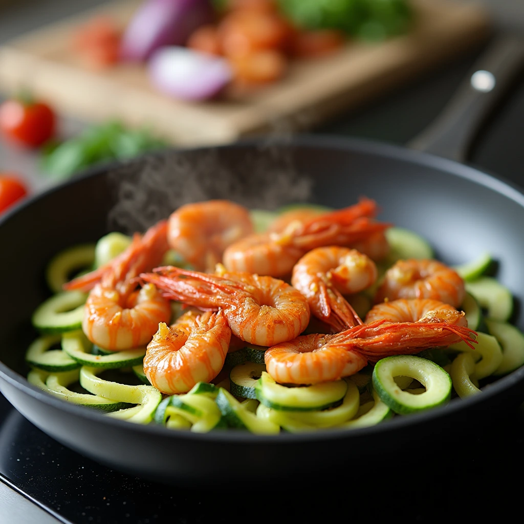 Langostino and Zucchini Sautéing for Pasta. pesto langostino zucchini and pasta recipes