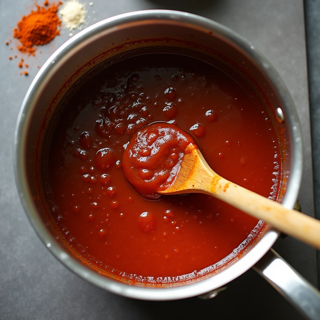 Homemade low salt BBQ sauce simmering in a saucepan