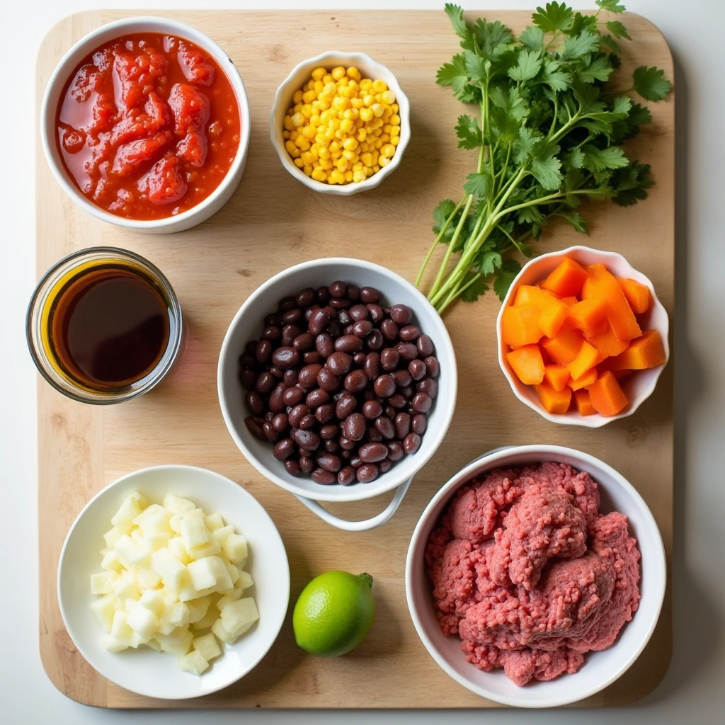 Flat lay of all the fresh ingredients needed for making Taco Soup Frios