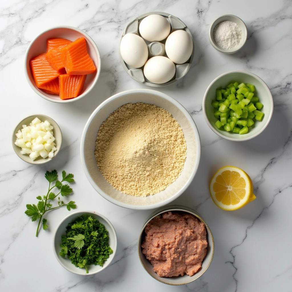 All ingredients for tuna and salmon loaf recipe laid out on a table