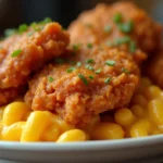 Delicious Nashville Hot Chicken with creamy Mac and Cheese on a plate. nashville chicken with mac n cheese recipe